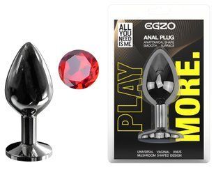 Анальная пробка с кристаллом EGZO - Dark Gray Round Plug Red, size M