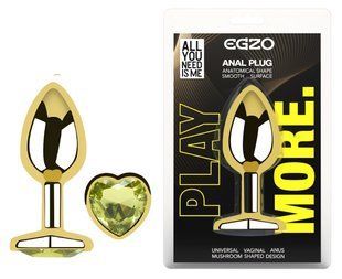 Анальная пробка с кристаллом EGZO - Gold Heart Plug Lime size S