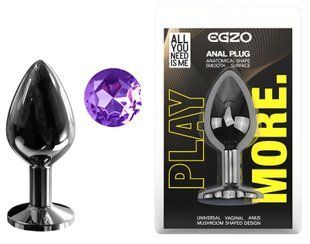 Анальная пробка с кристаллом EGZO - Dark Gray Round Plug Purple, size M