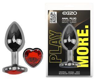 Анальная пробка с кристаллом EGZO - Dark Silver Heart Plug Red size S