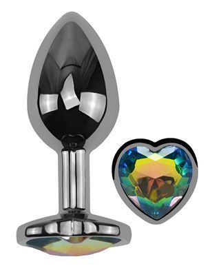 Анальная пробка с кристаллом EGZO - Dark Silver Heart Plug Rainbow size S