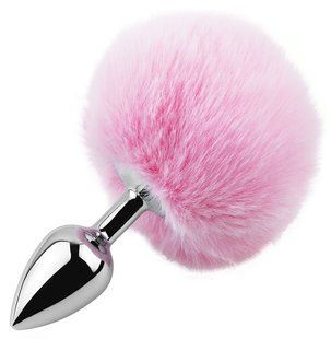 Анальная пробка с хвостом EGZO - Bunny Tail Silver Plug Pink, size S