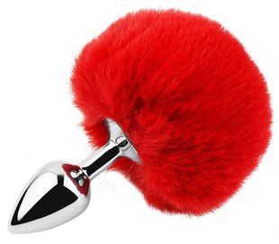Анальная пробка с хвостом EGZO - Bunny Tail Silver Plug Red, size S