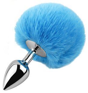 Анальная пробка с хвостом EGZO - Bunny Tail Silver Plug Blue, size S