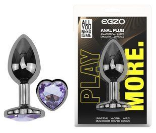 Анальная пробка с кристаллом EGZO - Dark Silver Heart Plug Amethyst size S