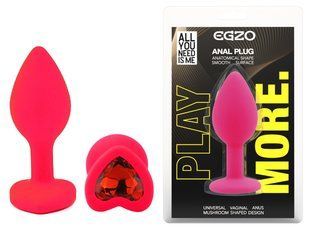 Силиконовая анальная пробка EGZO - Silicone Pink Heart Plug Red, size S