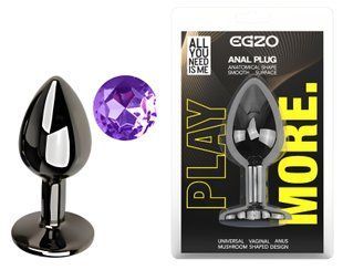 Анальная пробка с кристаллом EGZO - Dark Gray Round Plug Purple, size S